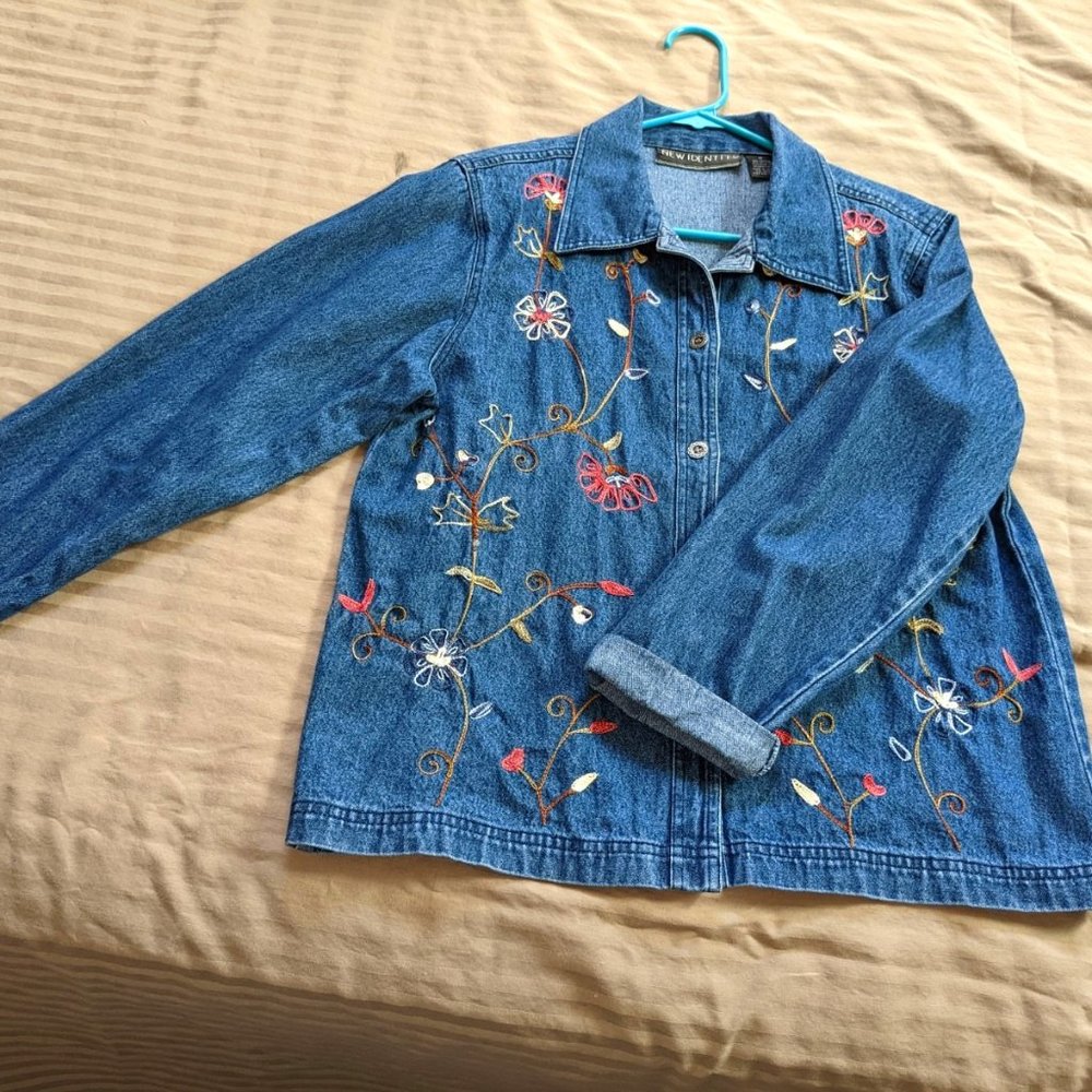 Denim Shirt or Shacket Embroidered Flowers Long Sleeves